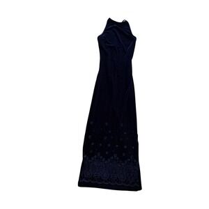 Rocket Candy Vintage 90s Navy Velvet Glitter Floral Maxi Dress Halter Backless S